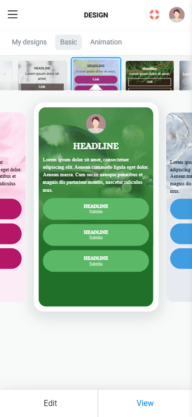 Basic ready-made design themes in Taplink for instant page styling