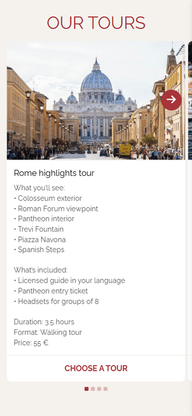 Middle section of a tour agency page featuring available tours