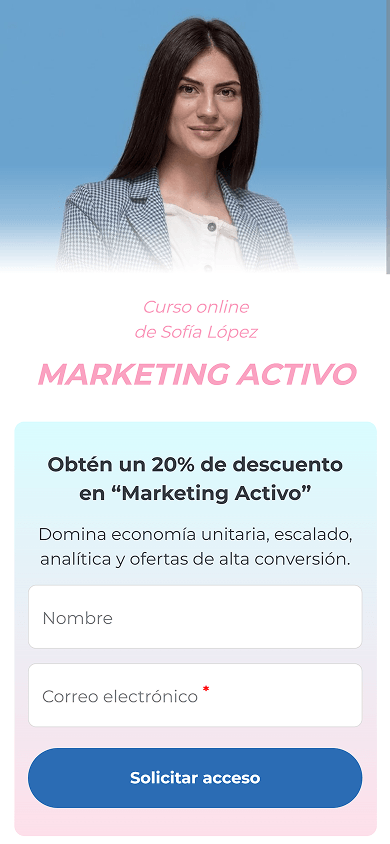 Parte superior de la página de un especialista en marketing digital creada con Taplink