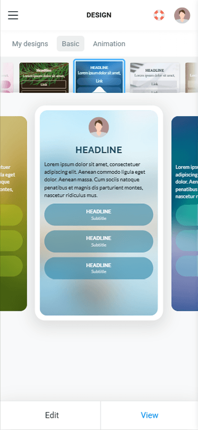Taplink design section showing themes for customizing a travel agency website