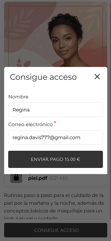 Al tocar el botón de pago en la ventana emergente de la página del producto digital