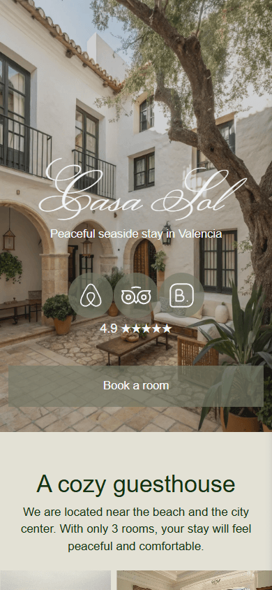 Top of a guesthouse’s link-in-bio page created with Taplink as an Lnk.Bio alternative