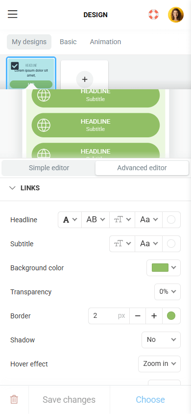 Detailed button design settings in Taplink for creating a branded page