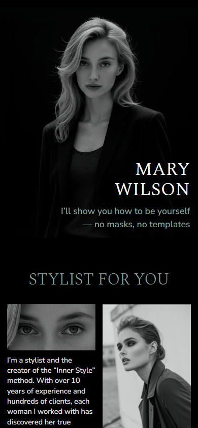 Top of a stylist’s link-in-bio page created with Taplink as an Lnk.Bio alternative