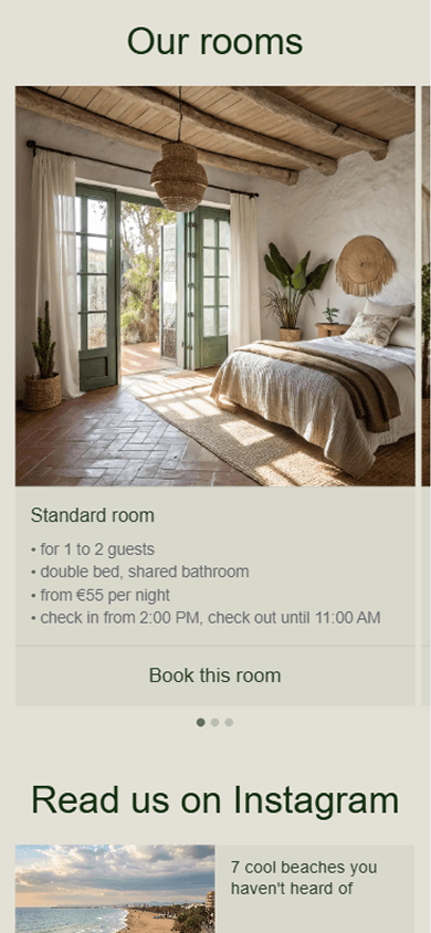 Middle of the guesthouse’s page built with Taplink as an alternative to Link in Profile