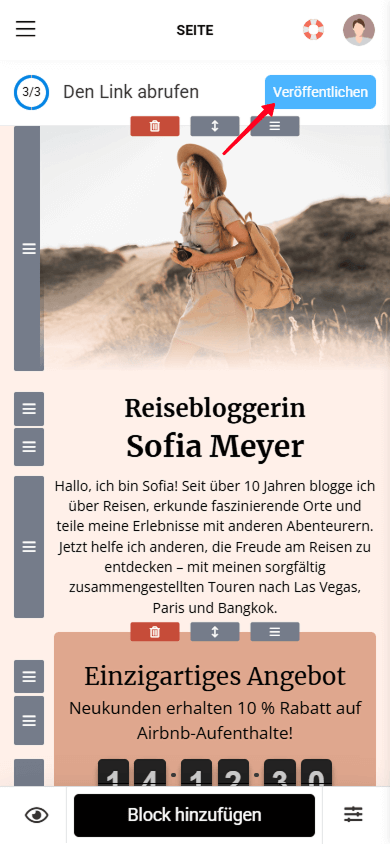 Tippen auf die Veröffentlichen-Schaltfläche im Taplink-Seiteneditor