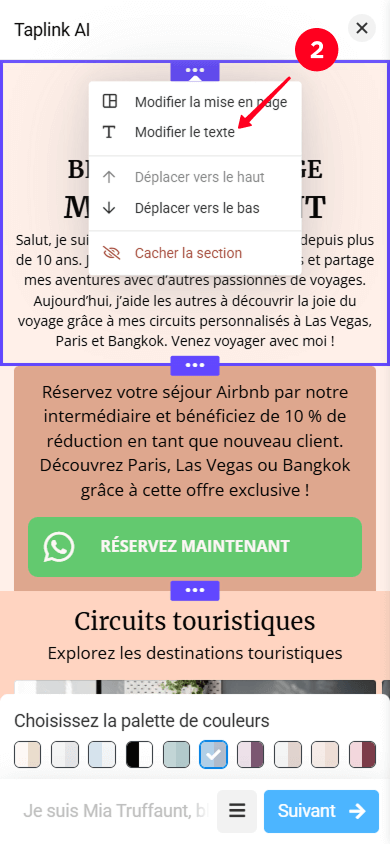 Sélectionner Modifier le texte dans le menu déroulant des paramètres de section