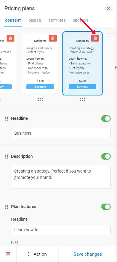 Tapping the trash icon in the pricing plan