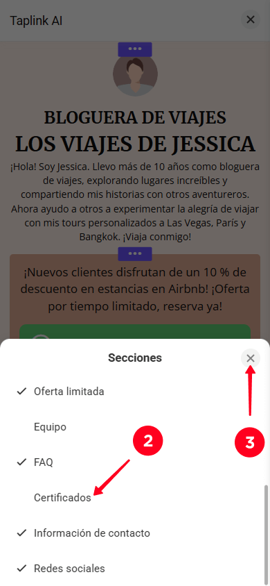 Seleccionando secciones en la ventana de configuración de secciones y tocando el botón de cerrar