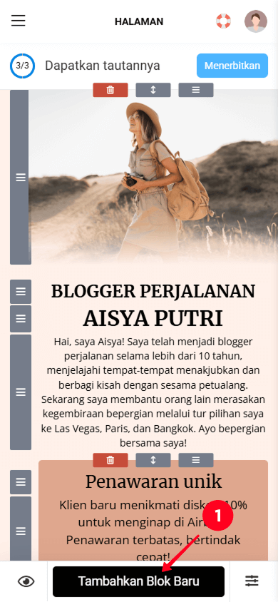 Mengetuk tombol Tambahkan Blok Baru di editor halaman Taplink