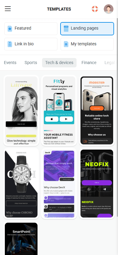 Landing page templates for the technologies industry in Taplink