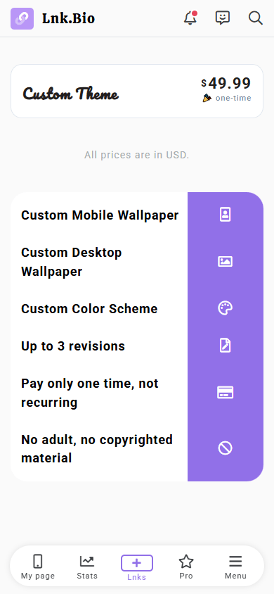 Custom theme order page in Lnk.Bio