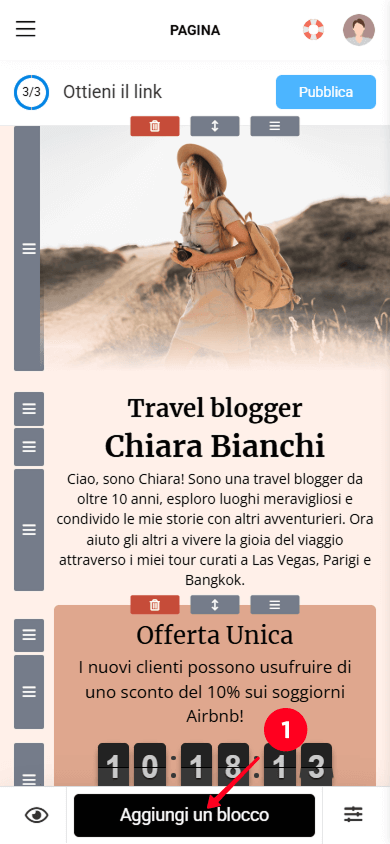 Tocco del pulsante Aggiungi un blocco nell’editor di pagina Taplink