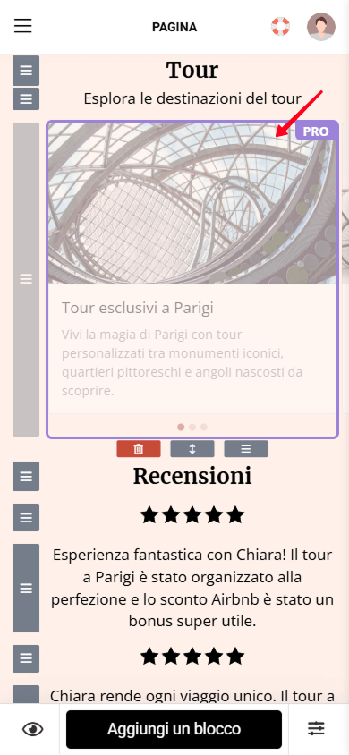 Un blocco Carosello di immagini con etichetta Pro evidenziato nell’editor di pagina Taplink