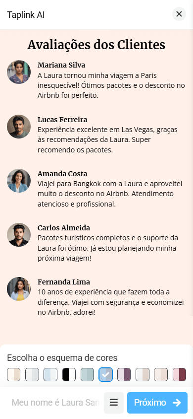 A seção Avaliações com um layout de imagem pequena, nome e texto