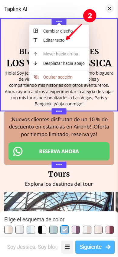 Seleccionando Editar texto en el menú desplegable de configuración de secciones