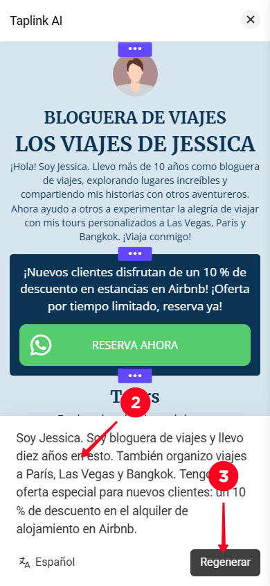 Editando la descripción del negocio y tocando el botón Regenerar en Taplink AI