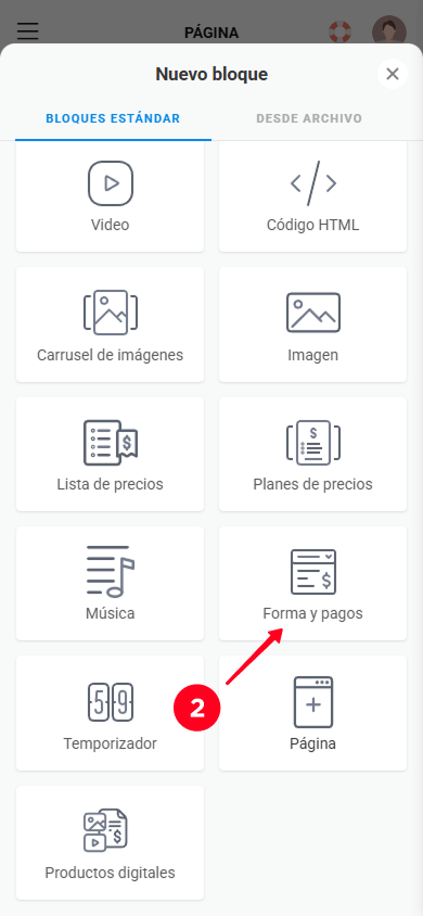 Seleccionando el bloque Forma y pagos en la biblioteca de bloques de contenido de Taplink