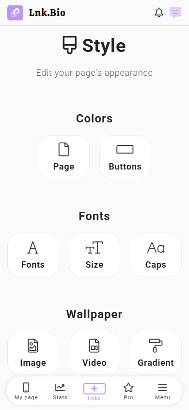 Page style settings in Lnk.Bio