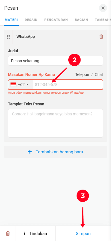 Memasukkan nomor telepon dan mengetuk Simpan di pengaturan blokir Pesan