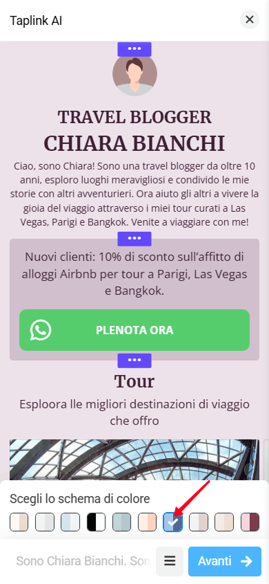 Una pagina Taplink AI con uno schema di colori rosa