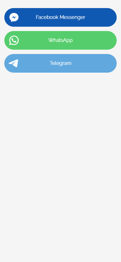 Brand-colored Facebook Messenger, WhatsApp, and Telegram buttons created using the Messaging apps block in Taplink