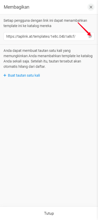 Mengetuk ikon salin di dekat tautan templat permanen