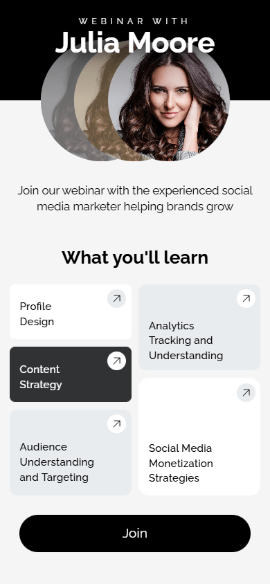 Social media webinar promotion created with Taplink’s Custom block