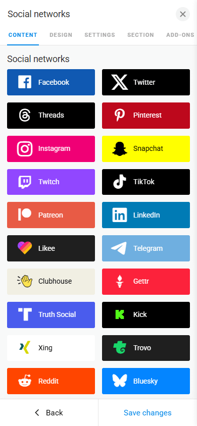 A list of social media platforms available in Taplink
