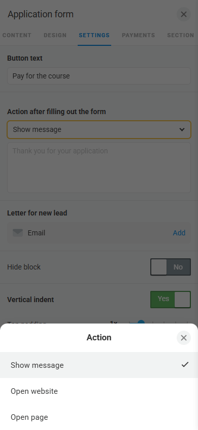 A post-submission action settings window in the Form and payments block
