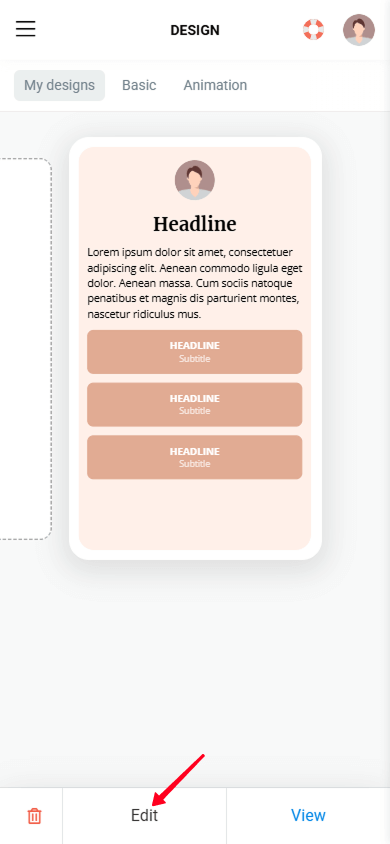 Tapping the Edit button on the Taplink design settings page