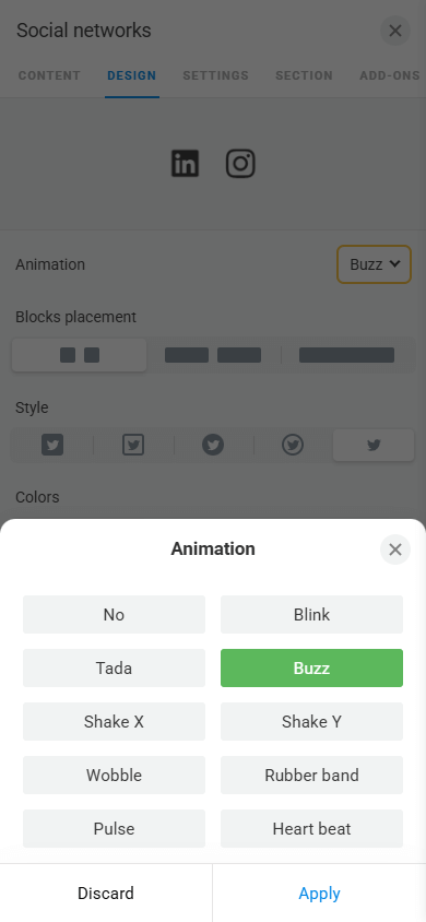Animation customization settings window in the Social networks block