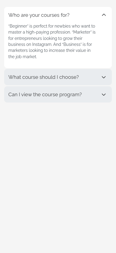 Three questions and answers created with Taplink’s FAQ block