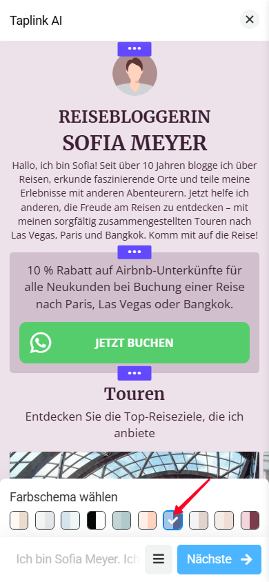Eine Taplink AI-Seite mit einem rosa Farbschema