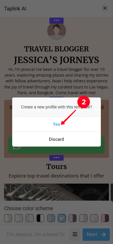 Selecting Yes in the pop-up window in Taplink AI
