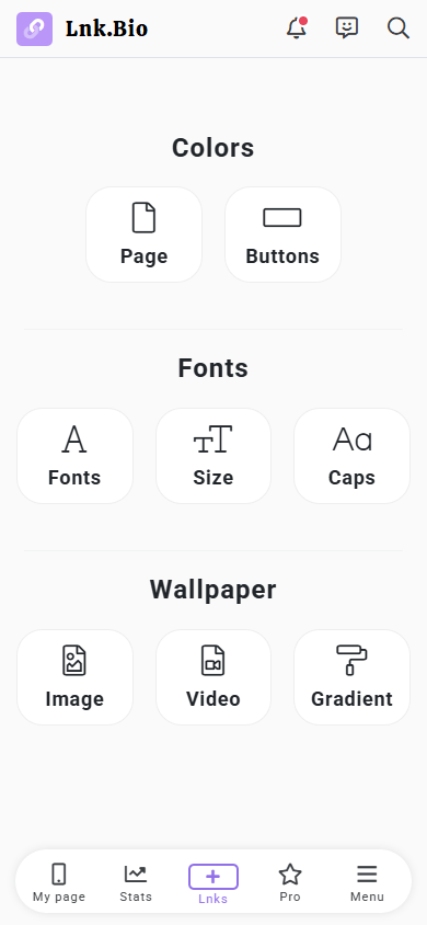 Customization options in Lnk.Bio