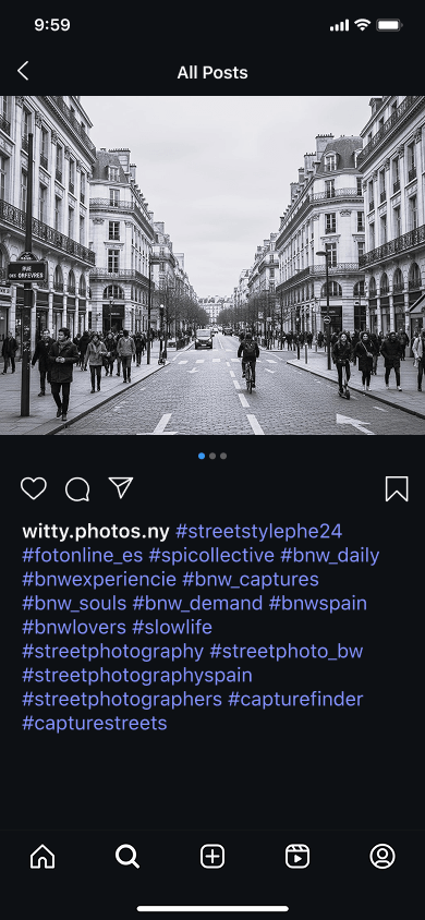 An Instagram photo of a Spanish street with hashtags related to street photography on the photographer’s profile