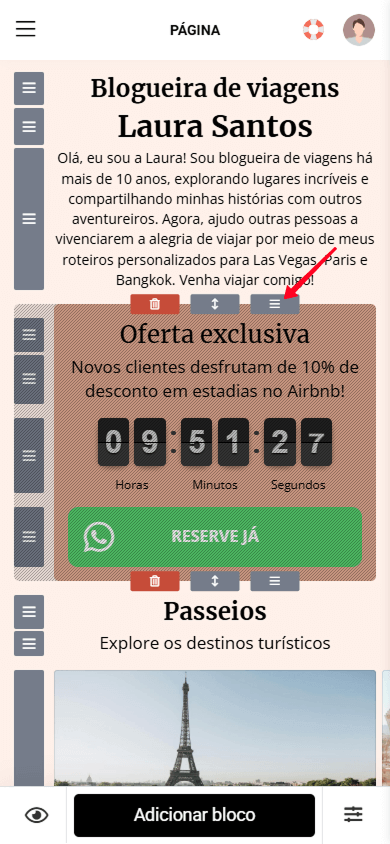 Segurando o ícone de arrastar para mover uma seção no construtor de páginas do Taplink