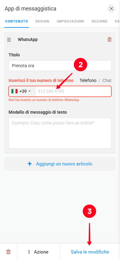 Inserimento di un numero di telefono e tocco di Salva le modifiche nelle impostazioni del blocco App di messaggistica