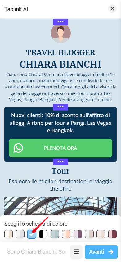 Uno schema di colori blu applicato a una pagina generata nell’editor Taplink AI