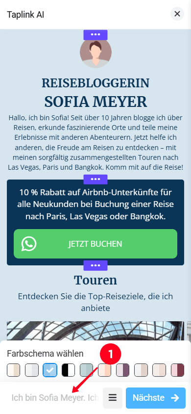 Tippen auf das Feld für die Geschäfts­beschreibung in der Taplink AI-Oberfläche