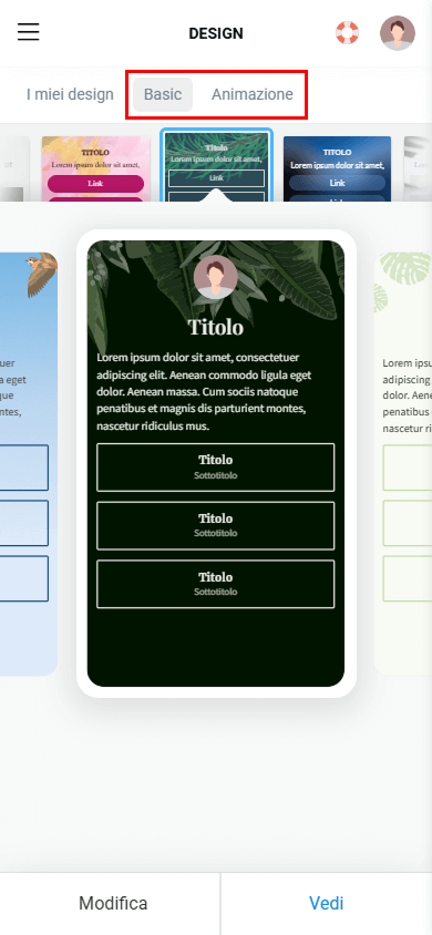Le schede Basic e Animazione evidenziate nelle impostazioni del design della pagina Taplink