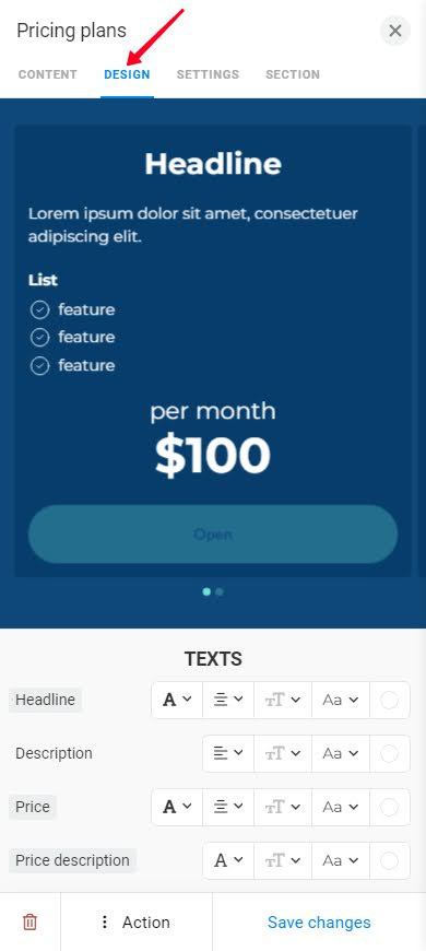 Highlighted Design tab in the Pricing plans settings