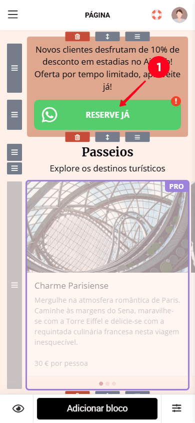 Tocando no bloco Aplicativos de mensagens no construtor de páginas do Taplink