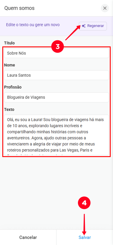 Editando o texto, tocando em Regenerar e salvando alterações na janela de configurações da seção Quem somos