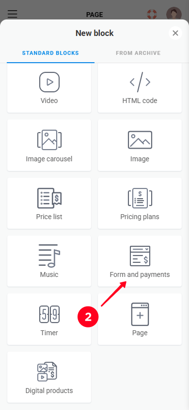 Selecting the Form and payments block in the Taplink content block library