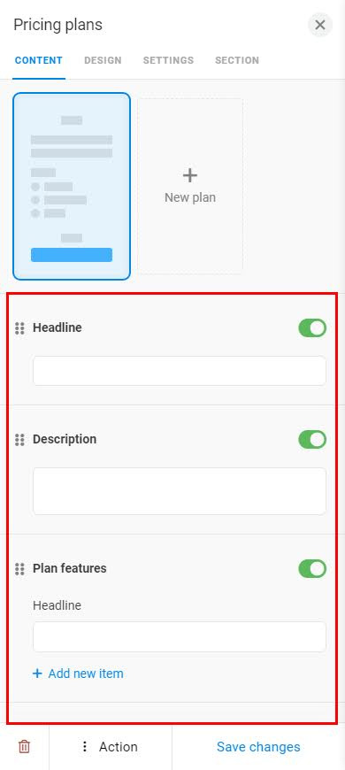 Highlighted fields in the pricing plan settings