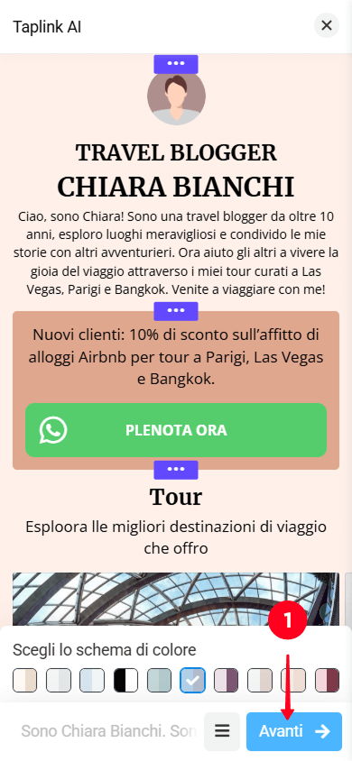 Tocco del pulsante Avanti nel page builder di Taplink AI