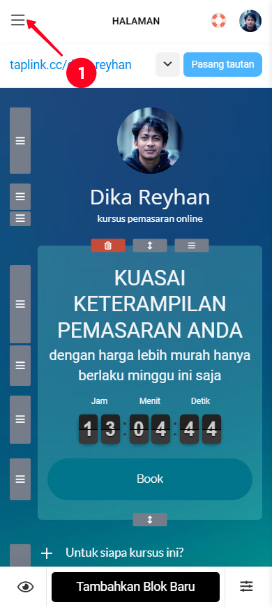 Mengetuk Tambahkan blok di editor Taplink