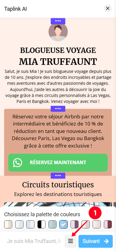 Ouvrir les paramètres des sections dans l’éditeur Taplink AI